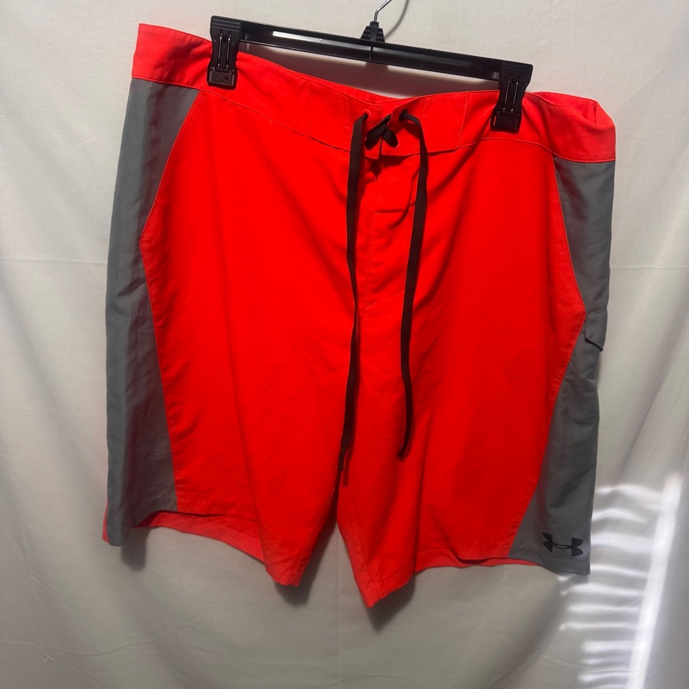 Under Armour Board Shorts Mens 40 Red Grey Lace Up Cargo Pocket Swim Trunks